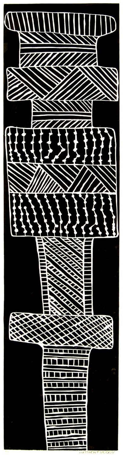 ‘Tutini’ (Tiwi Pukumani Pole) – Screenprint Linocut Edition 5/10 - by Matthew Freddy in black frame  87.5 x 20 cm