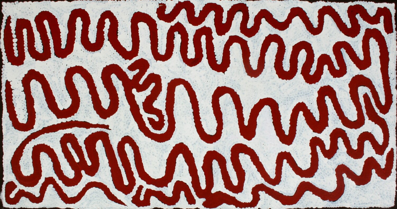 Liru Tjuta (Two Snakes)​, 2001 by Dr George Tjapaltjarri
66x122cm Cat 11066DG