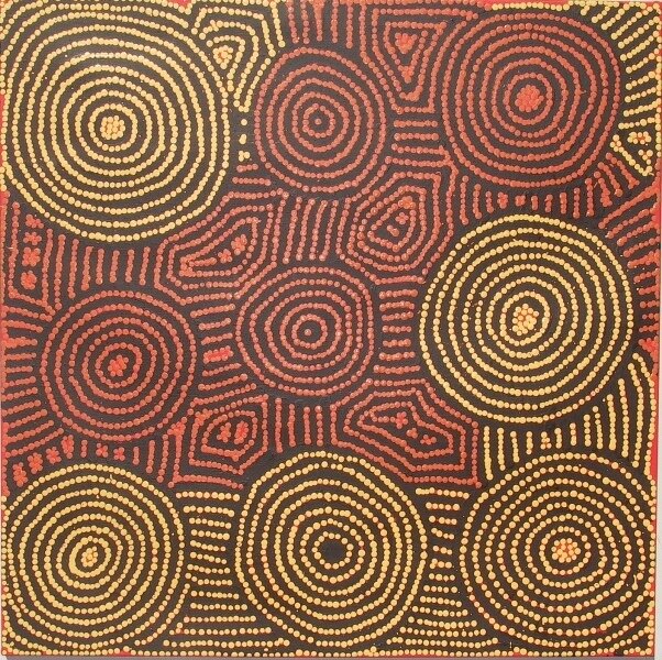 Tingari Cycle, 2005 by Barney Campbell Tjakamarra
91x91cm Cat 9349BC