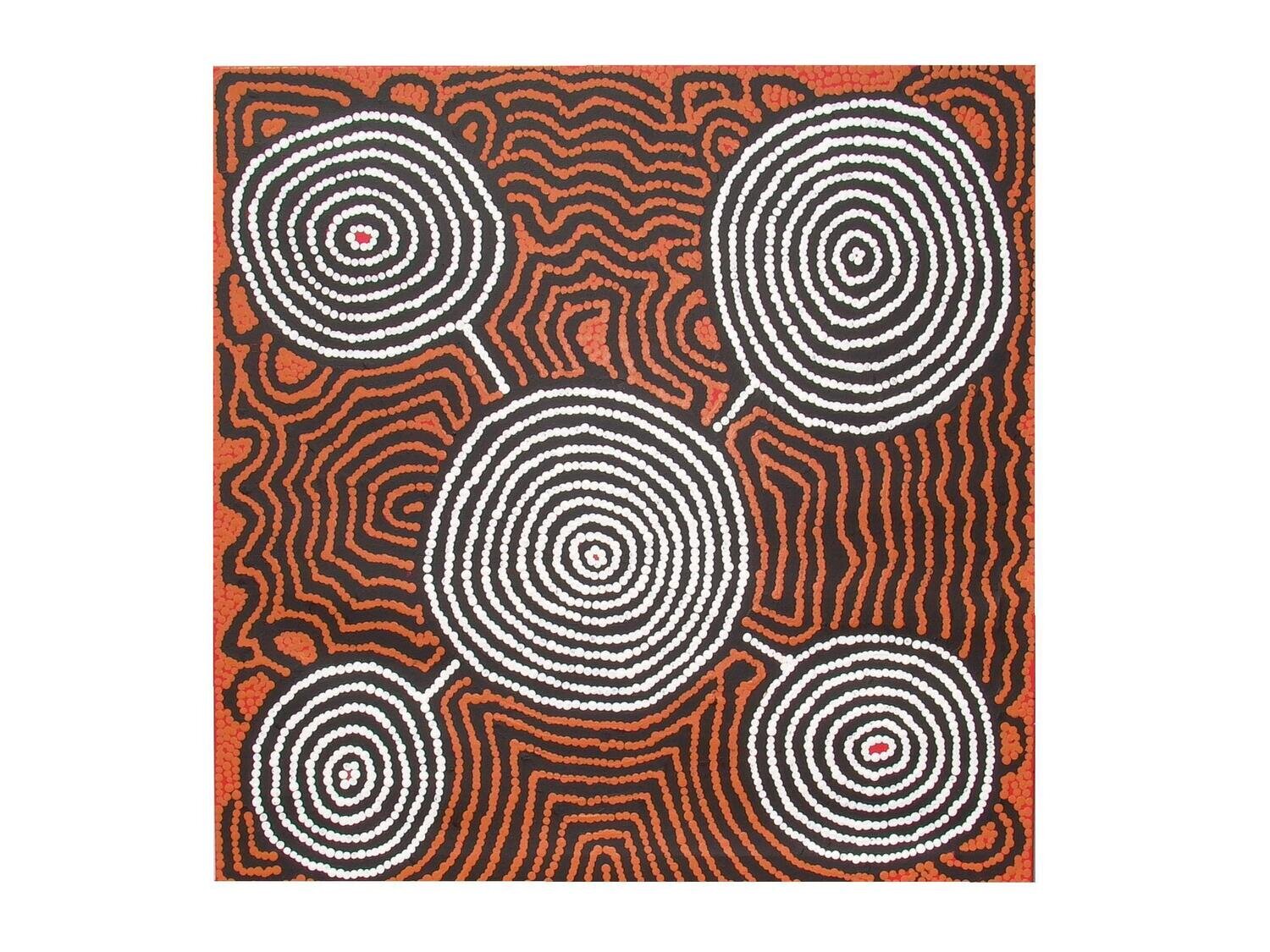 Tingari Cycle, 2005 by Barney Campbell Tjakamarra
91x91cm Cat 9242BC