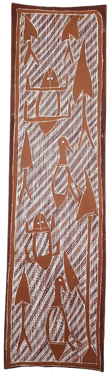 Frog & bird, 2001 bark painting by Cecina Mardjuwa 71x19cm REDO TEXT