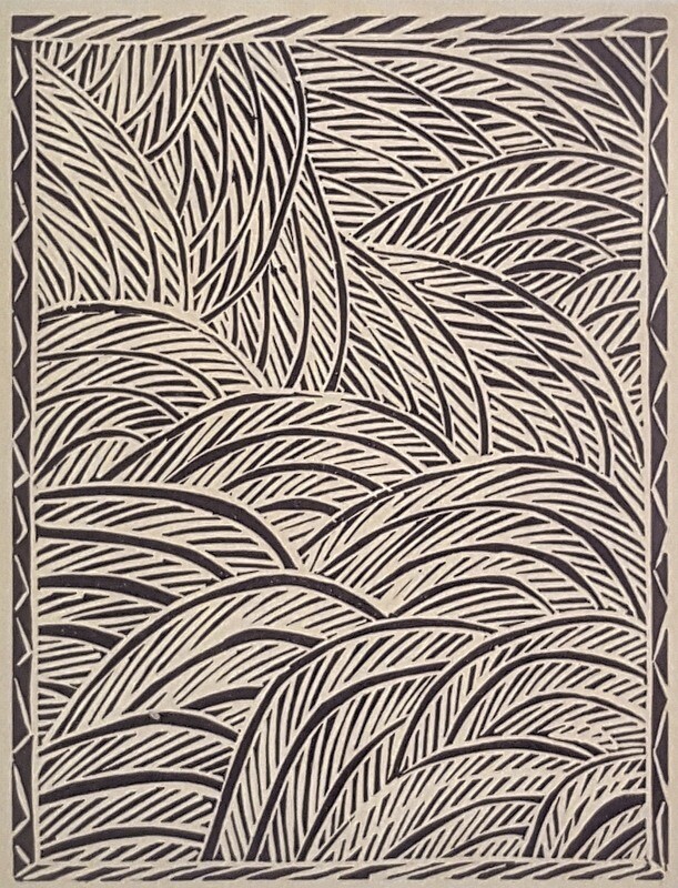 Rulyapa by Dhuwarrwarr Marika, framed linocut 19x14cm