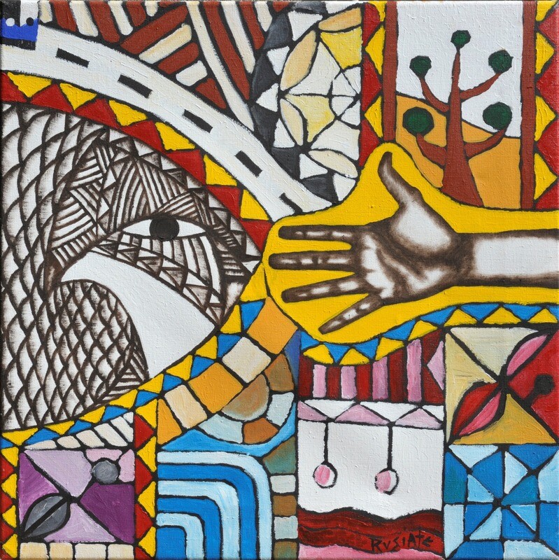 Takeinivula Creation Series – A bird, a fish and me (2002) by Rusiate Lali  46x46cm Cat 7366bRL