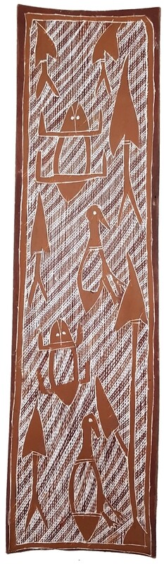 Frog & bird, 2001 bark painting by Cecina Mardjuwa 71x19cm REDO TEXT