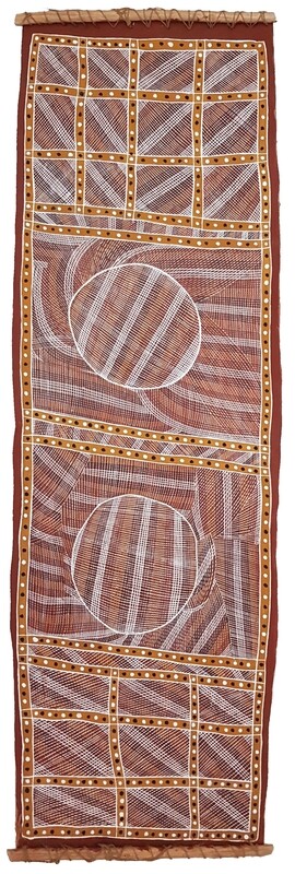 Waterhole at Ji-balbal, 2008 Bark Painting by Robert Lanuarr,
139x45cm