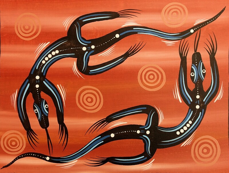 Goanna's Drinking water from the water hole by Bonita Nungurrayi Williams 31x41cm BW-06