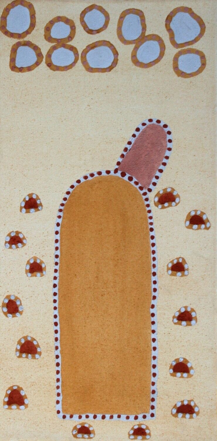 Lumugu Hill 1998, by Roseleen Park, ochre on canvas, 60x30cm Cat #13444RP