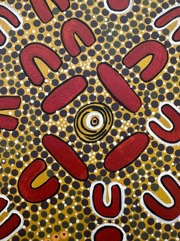 Women with their carrying bowls sitting near the campfire ready to go hunting for bush tucker by Joan Sultan, 32x32cm FJ046JoS