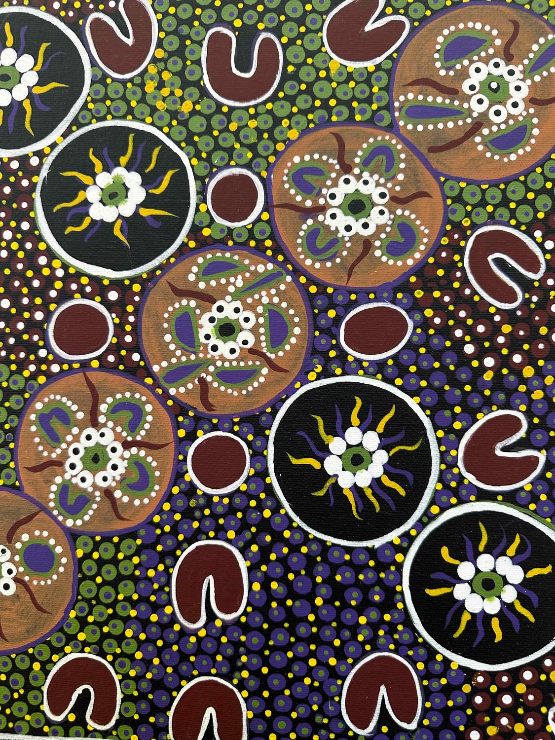 Women near the waterholes telling stories about the olden days by Joan Sultan, 32x32cm FJ245JoS