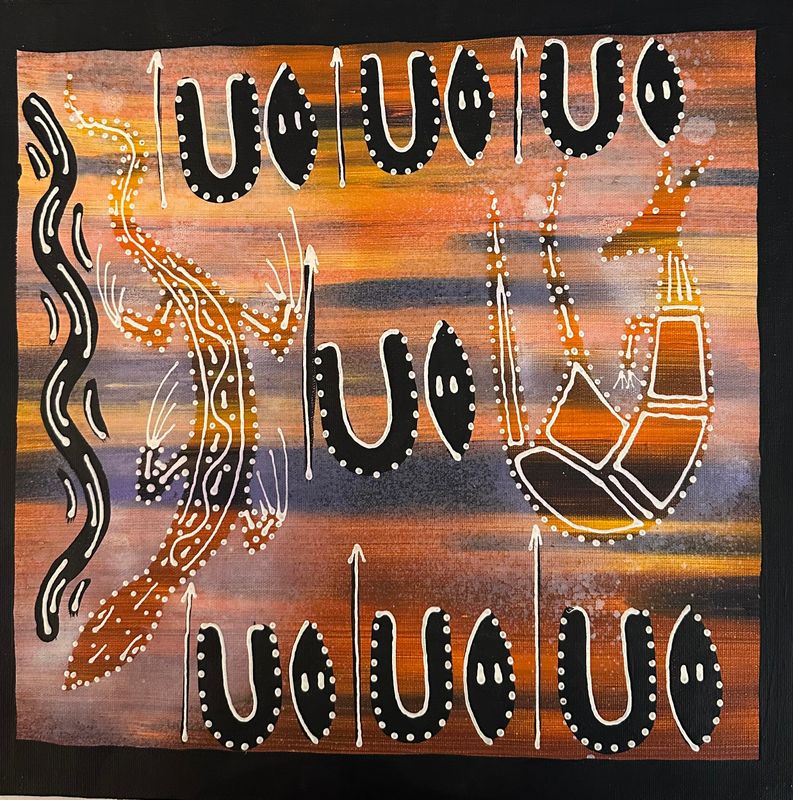 Kangaroo and Goanna Hunting by Judda 35x35cm FJ458JUD