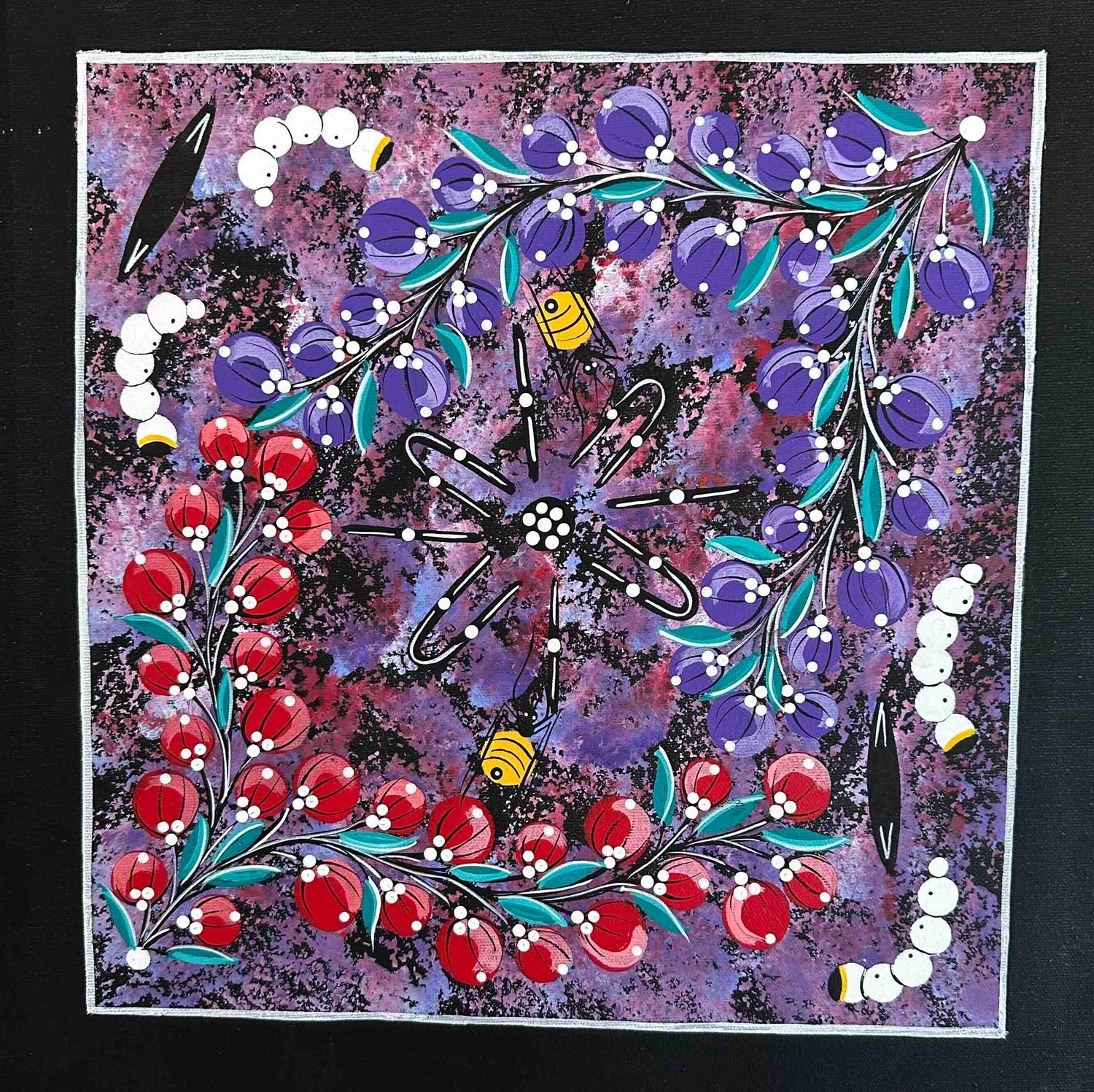 Women sitting around campfire after gathering bush tucker by June Sultan, 31x31cm FJ238JS