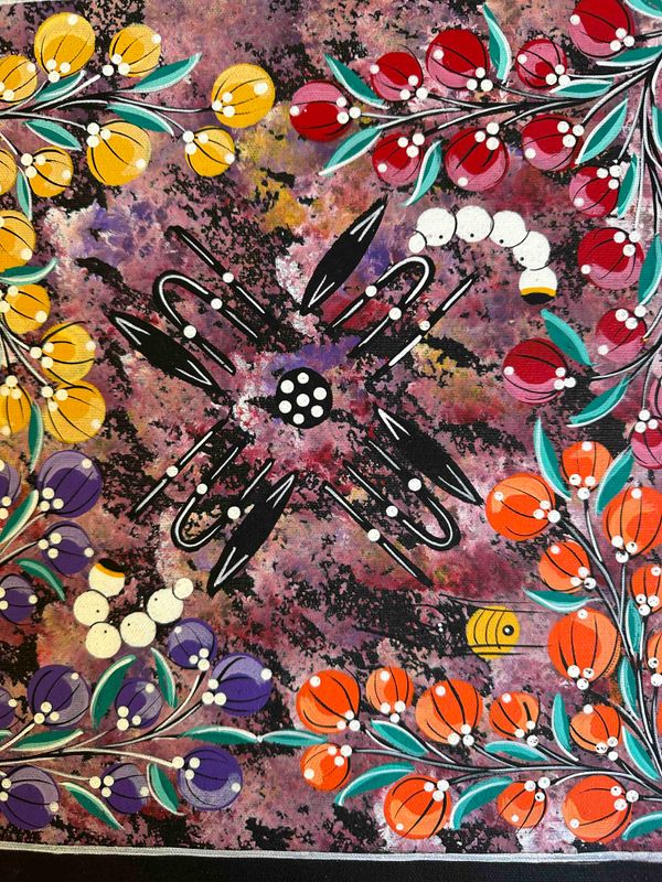 Women sitting around campfire after gathering bush tucker by June Sultan, 31x31cm FJ227JS