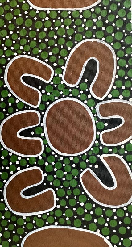 Women with their carrying bowls, sitting near the campfire by Joan Sultan, 15x34cm FJ503JoS