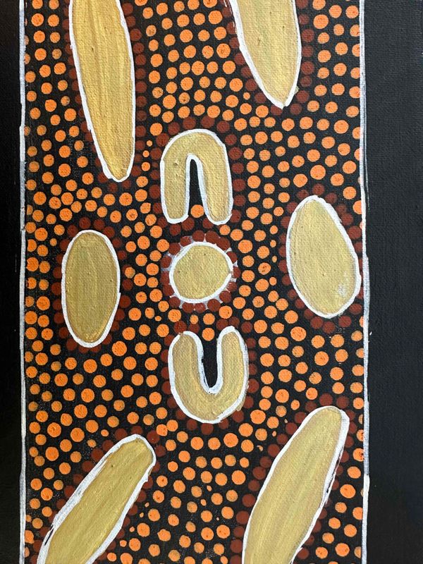 Women sitting near the waterholes by Joan Sultan, 15x34cm FJ501JoS