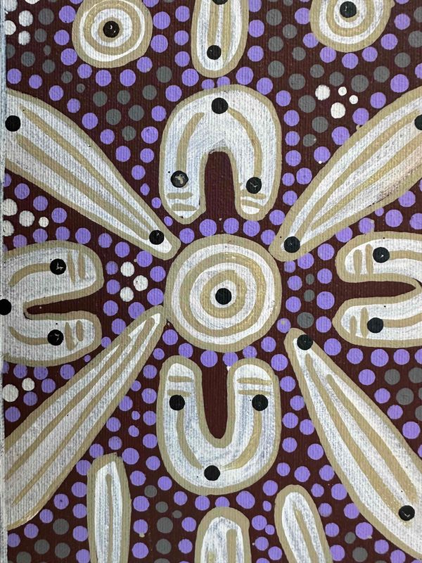 Women near the campfire with their digging sticks by Joan Sultan, 15x34cm FJ504JoS