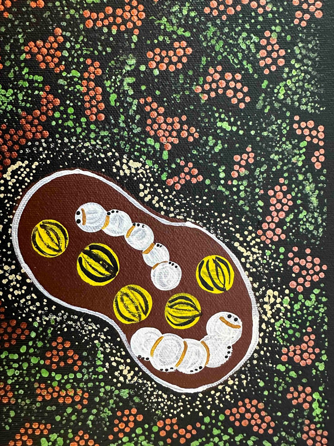 Wild Bush Tomatoes and Witchetty Grubs by Sandra Nungurrayi Woods, 12x34cm FJ487SW