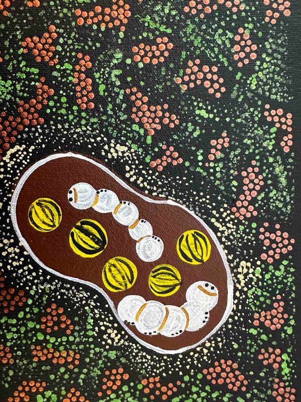 Witchetty Grubs & Wild Bush Tomatoes by Sandra Nungurrayi Woods, 12x34cm FJ019SW