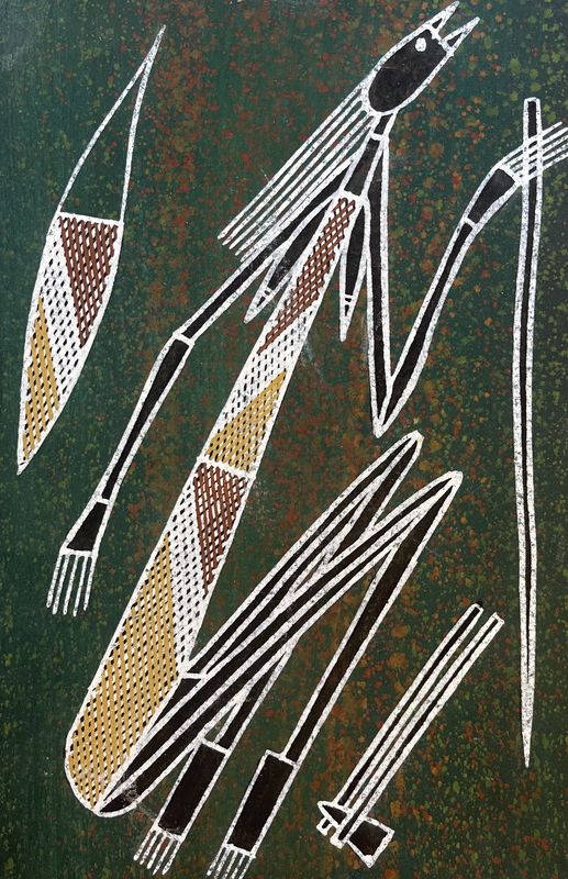 Mimi with Hunting Tools by Gershom Garlngarr, Ochre on Arches Paper 31x21cm