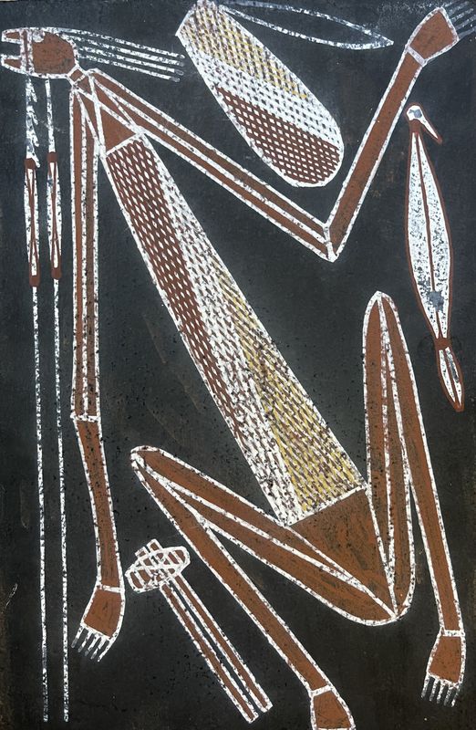 Mimi with dilly bag, woomera, two spears, stone axe by Kim Bangalang 31x21 WOP10