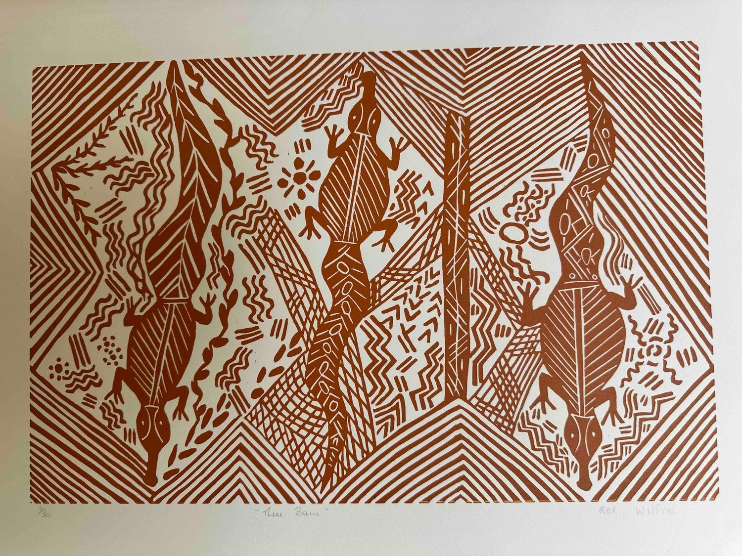 Three Baru (Crocodile) Linocut by Rex Winifred