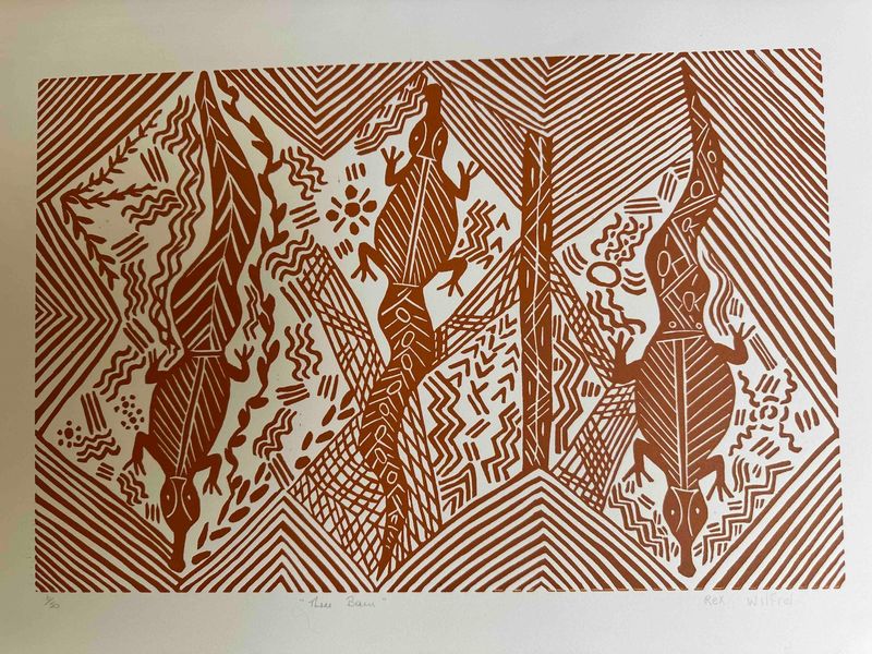 Three Baru (Crocodile) Linocut by Rex Winifred