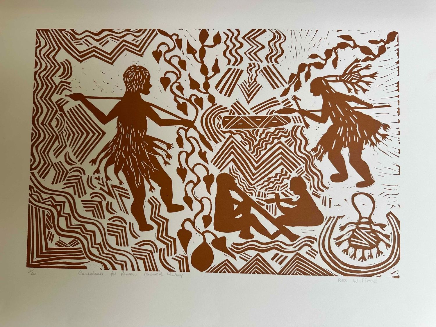 Corroboree for Person Passed  Linocut by Rex Winifred