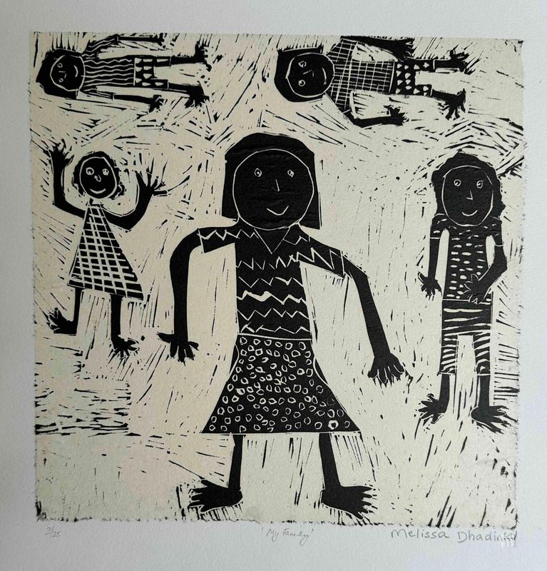​Melissa Dhadinku - My Family, Linocut