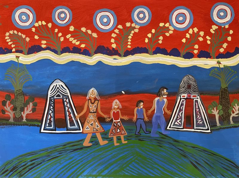 Bessie Liddle, Travelling Family, Acrylic on Paper, 56x76cm, WOP25
