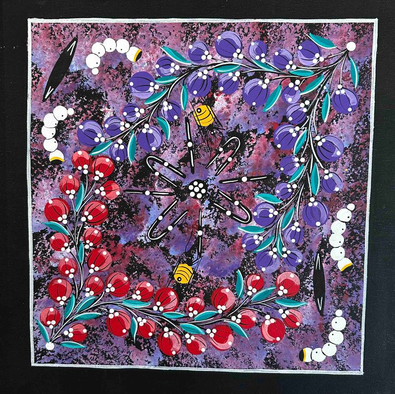 Women sitting around campfire after gathering bush tucker by June Sultan, 31x31cm FJ238JS