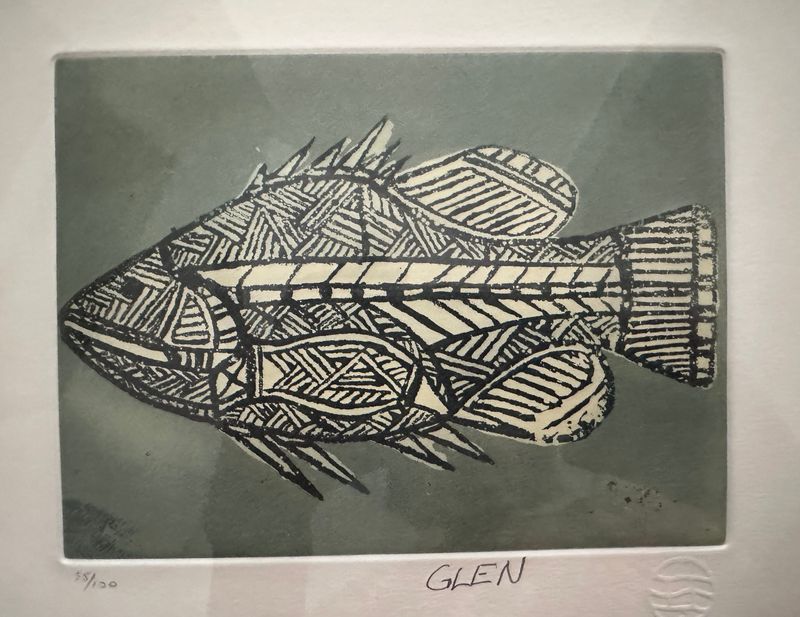 Barramundi etching by Glen Namundja 19x14cm in black frame