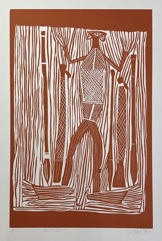 Devil Devil Linocut by Sambo (Djambu) Burra Burra