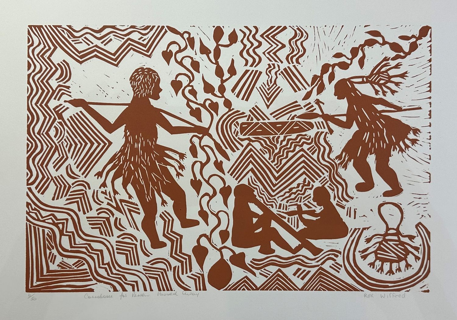 Corroboree for Person Passed  Linocut by Rex Winifred
