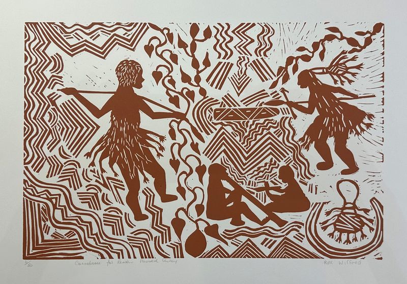 Corroboree for Person Passed  Linocut by Rex Winifred