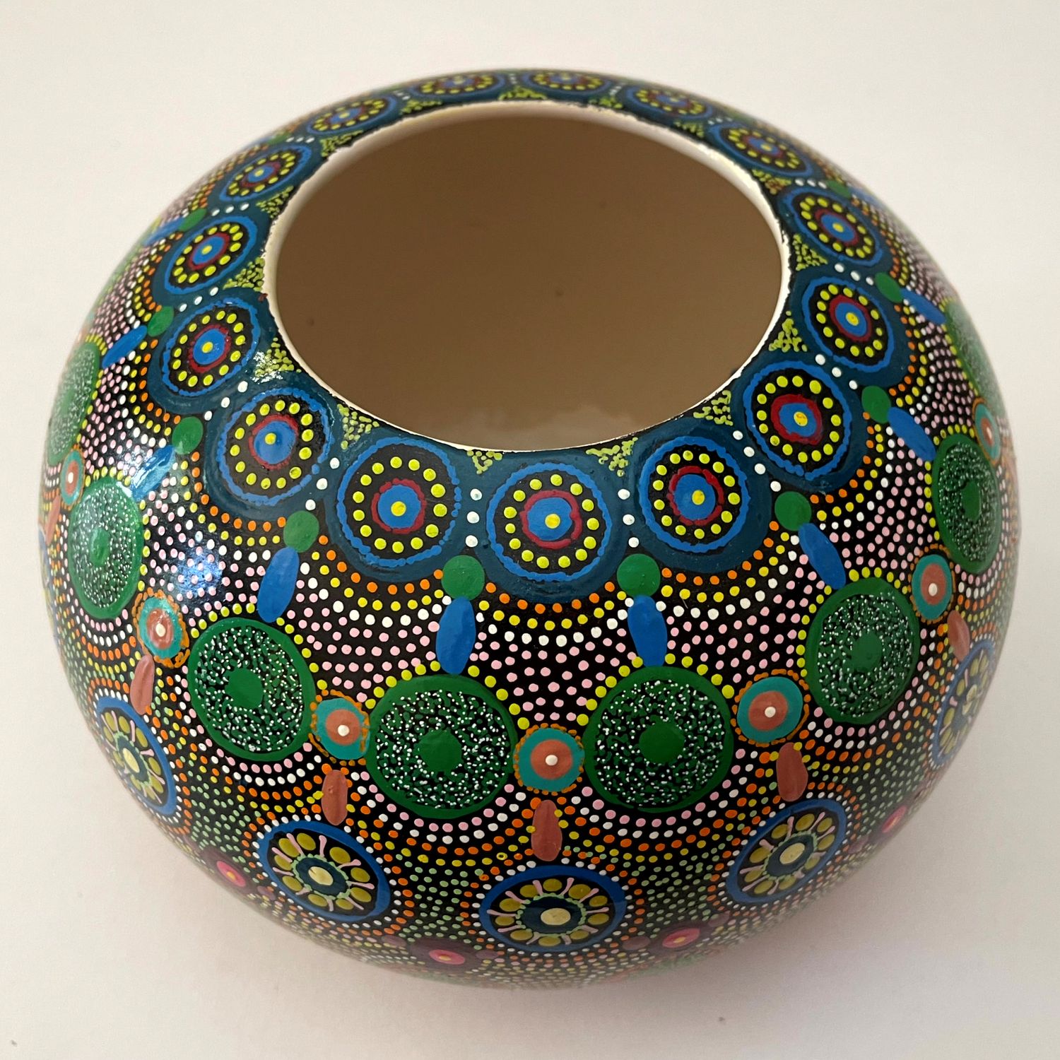 Handpainted vase by Josette Young, Keringke, 19cm diameter