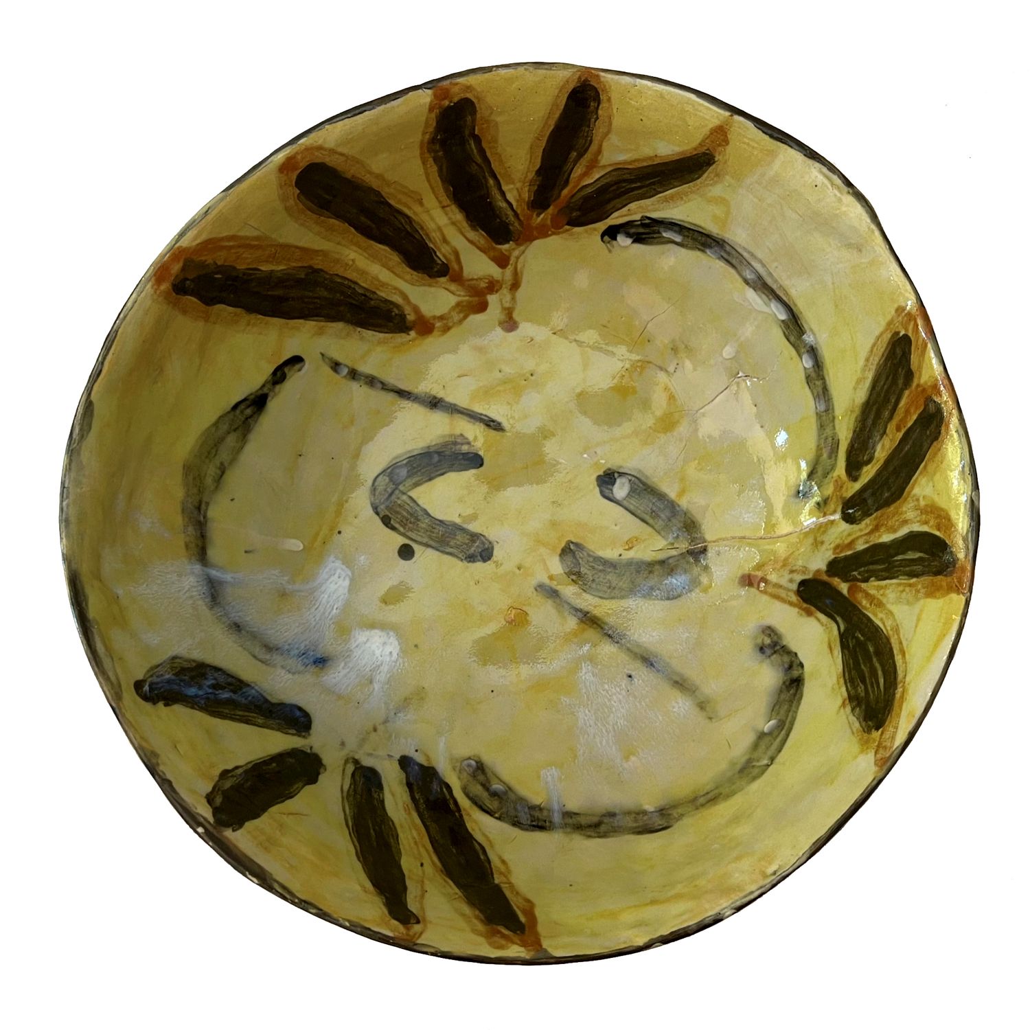 Patsy Morton Mbitjan, Yellow Ceramic Bowl '09 - women gathering symbols, 28cm Patsy Morton Mbitjan, Yellow Ceramic Bowl '09 - women gathering symbols, 28cm