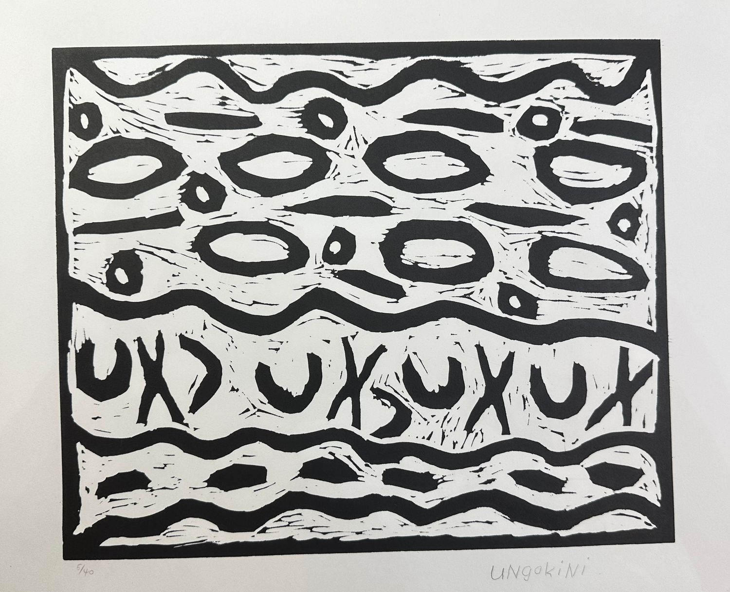 Ungakini Tjangala, Untitled 2003 Linocut Paper size 56 x 38cm, Image 30x52cm Ungakini Tjangala, Untitled 2003 Linocut Paper size 56 x 38cm, Image 30x52cm