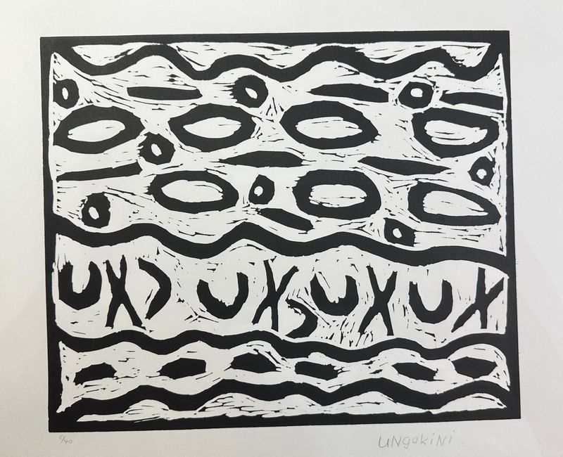 Ungakini Tjangala, Untitled 2003 Linocut Paper size 56 x 38cm, Image 30x52cm Ungakini Tjangala, Untitled 2003 Linocut Paper size 56 x 38cm, Image 30x52cm