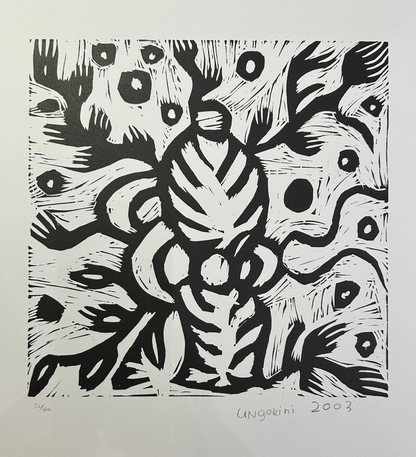 Ungakini Tjangala, Untitled 2003 Linocut Paper size 56x38cm, Image size: 30x30cm Ungakini Tjangala, Untitled 2003 Linocut Paper size 56x38cm, Image size: 30x30cm