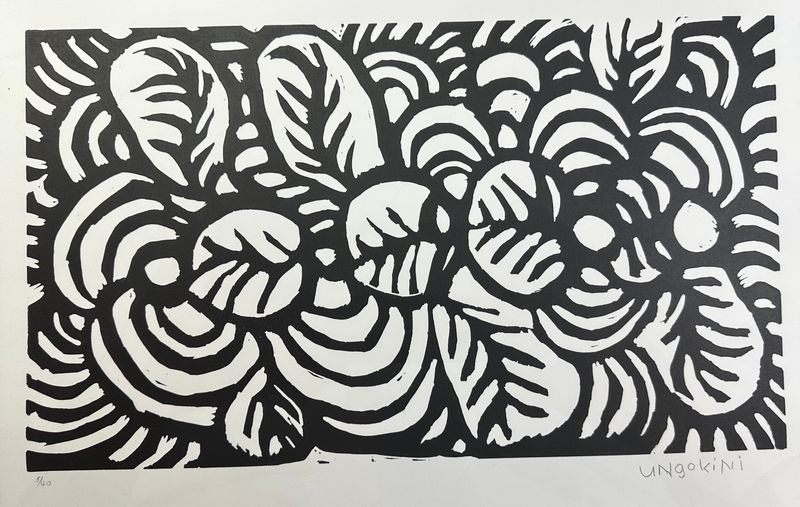 Ungakini Tjangala, Untitled 2003 Linocut Paper size 46x38cm Image 30x36cm Ungakini Tjangala, Untitled 2003 Linocut Paper size 46x38cm Image 30x36cm