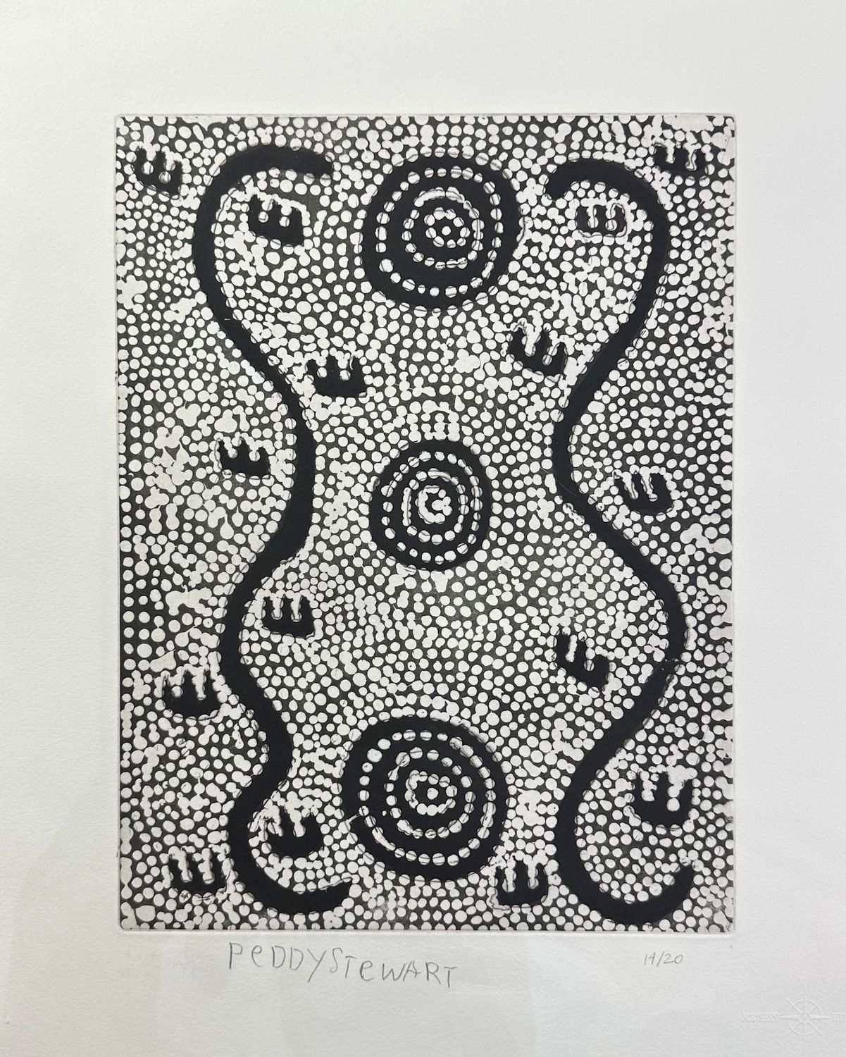 Janganpa Jukurrpa (Possum Dreaming) etching by Paddy Japaljarri Stewart Janganpa Jukurrpa (Possum Dreaming) etching by Paddy Japaljarri Stewart