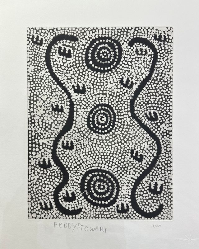 Janganpa Jukurrpa (Possum Dreaming) etching by Paddy Japaljarri Stewart