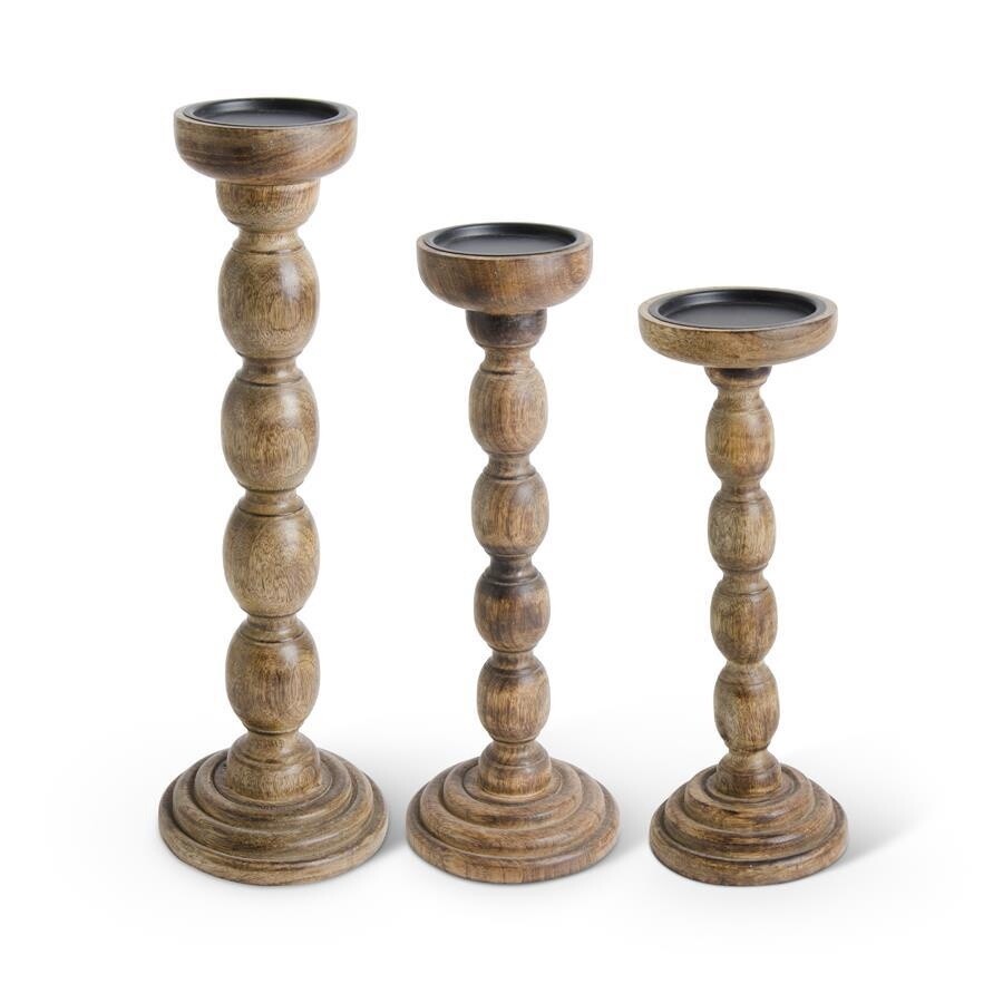 Set of 3 Brown Wood Spindle Candleholders