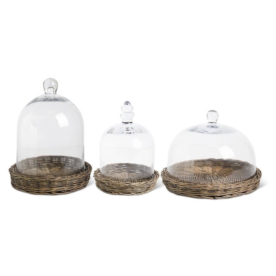 16&quot; Glass Cloches w/Wicker Trays