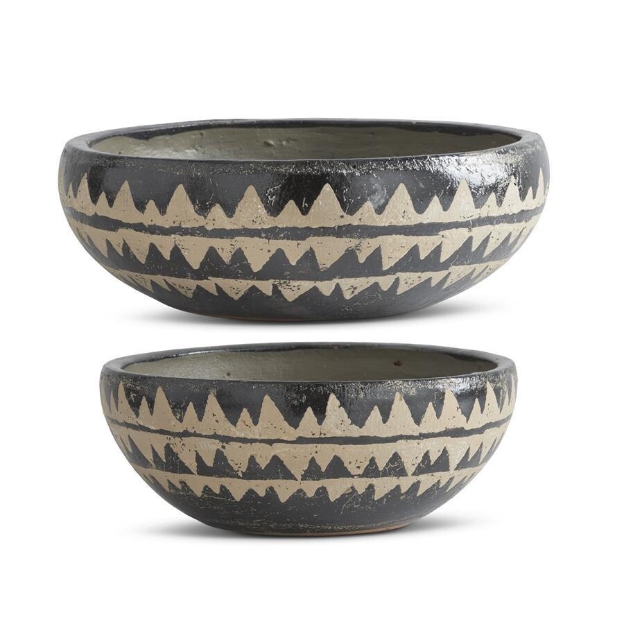 12&quot; Black Ceramic Bowls w/Tan Triangle Pattern