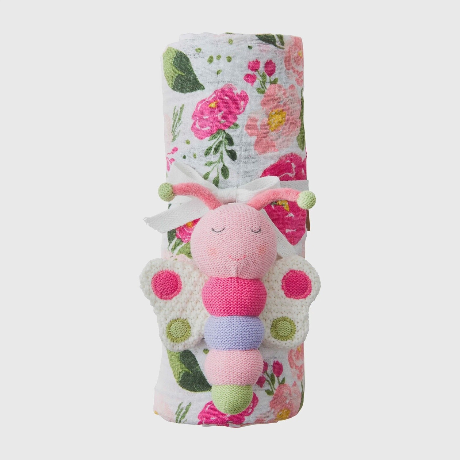 FLORAL SWADDLE BLANKET AND RATTLE