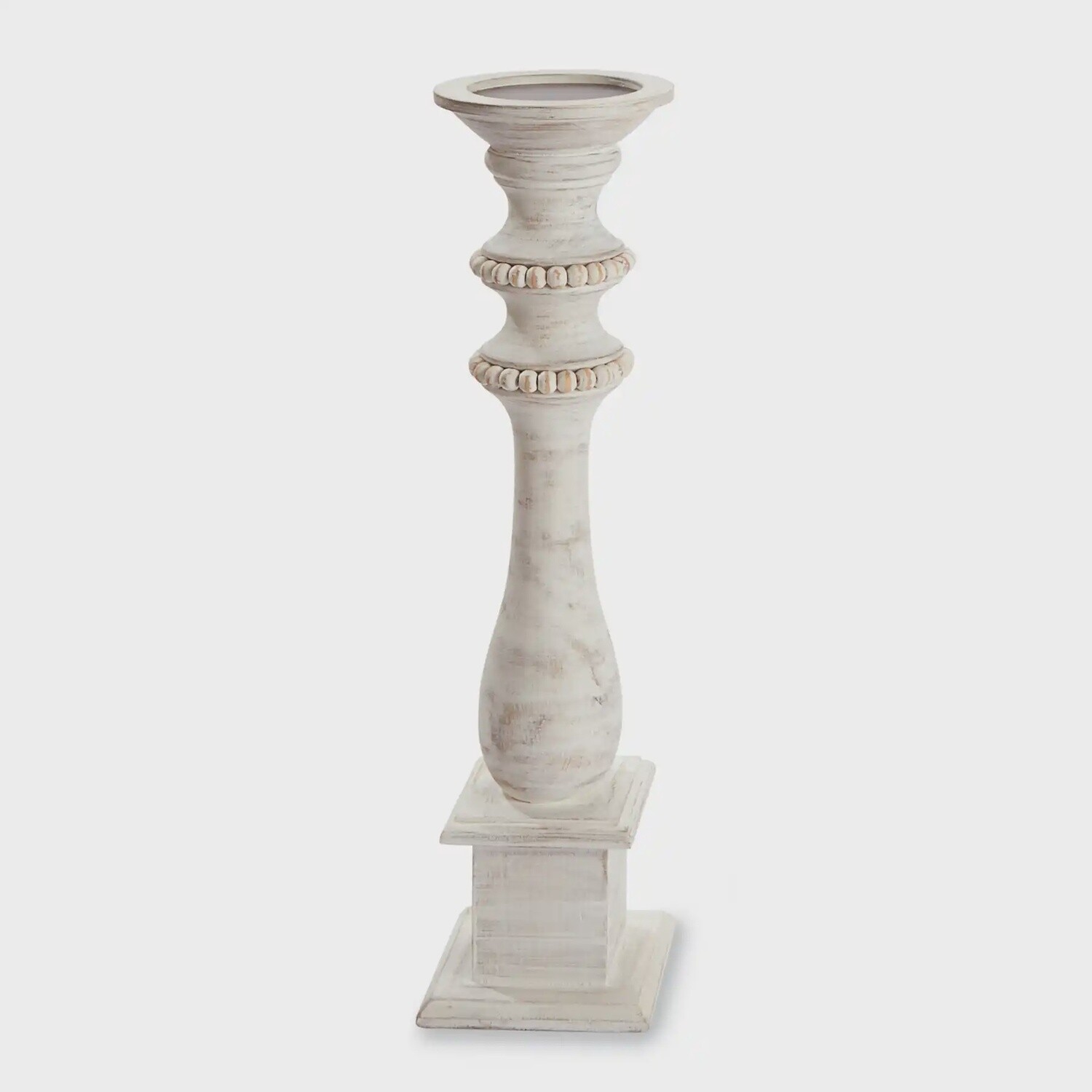 MEDIUM WHITE-WASHED BEADED CANDLEHOLDER