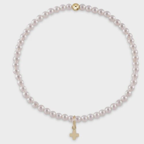 Pearl 3mm Bead Bracelet - Signature Cross Small Gold Charm