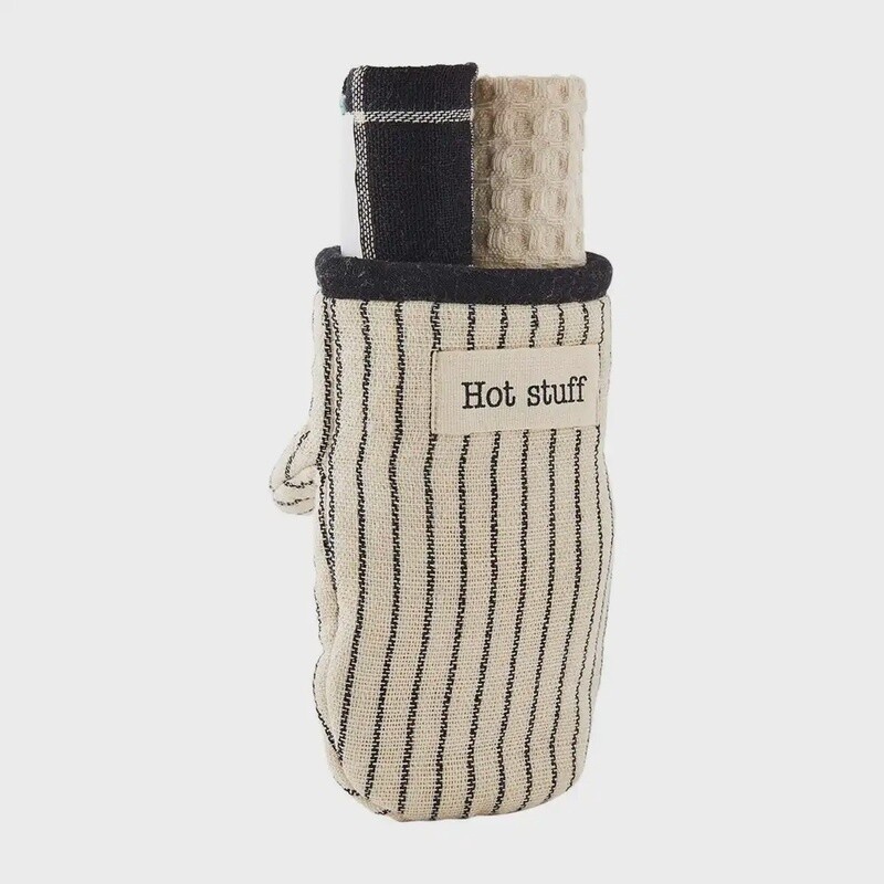 BLACK HOT STUFF OVEN MITT AND DISH TOWEL SET