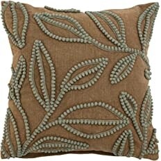 16&quot; Cotton Slub Pillow w/ Embroidered Botanical Design