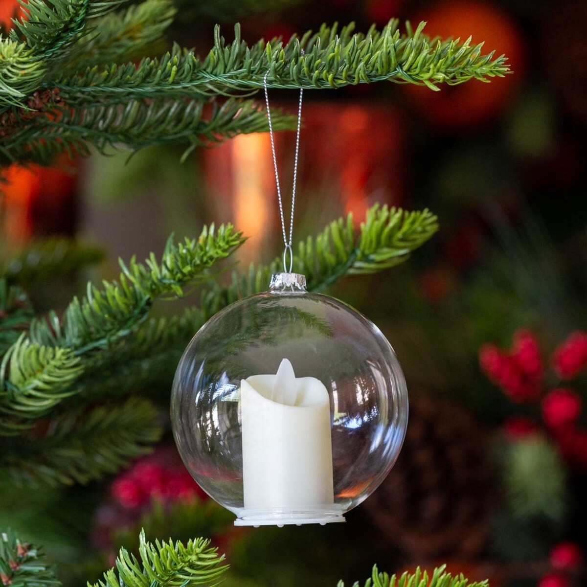 Clear Glass Ball with Flickering Candle Ornament
